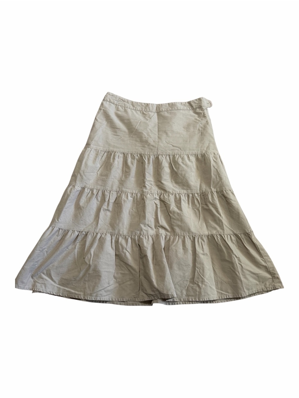 Khaki Tiered Midi Skirt Size 8 Cottage Prairie Office Lightweight Summer Tan